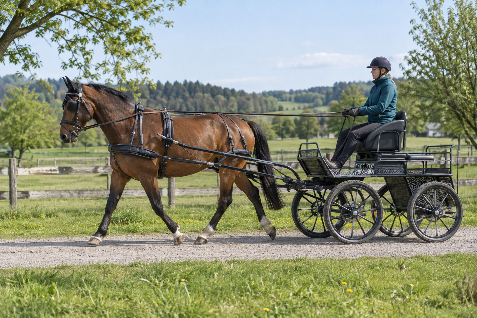 Konzeptbild: Fahrpferd mit Kutsche in Bewegung.